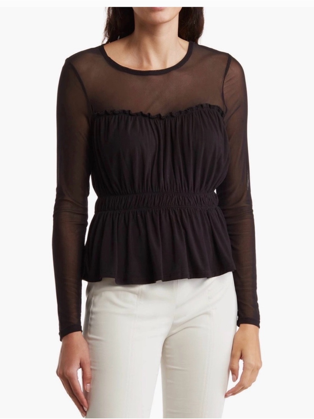 BCBGeneration Black Sheer Mesh Long Sleeve Peplum Top